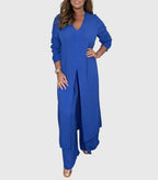 Women's Two-Piece Set with Long Blouse and Wide-Leg Trousers - Blue