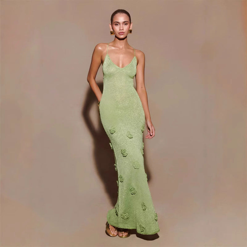 Women's Sequin Maxi Dress with Floral Appliques and Spaghetti Straps - 2