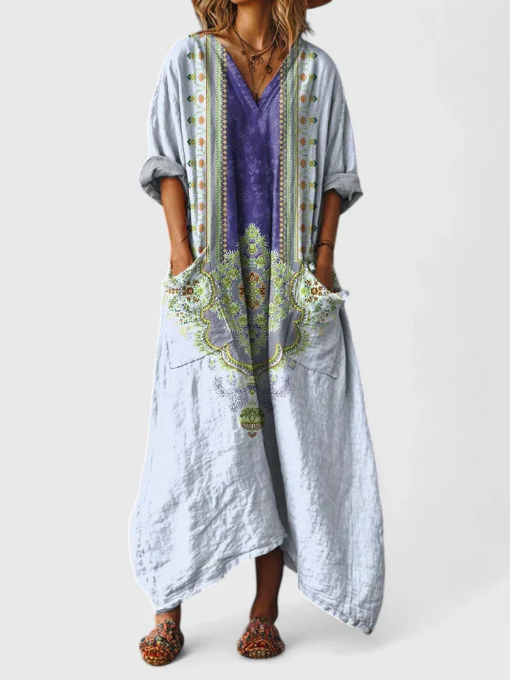 Women's Maxi Dress Relaxed Boho Fit with V-Neck and Deep Pockets - Blue Purple