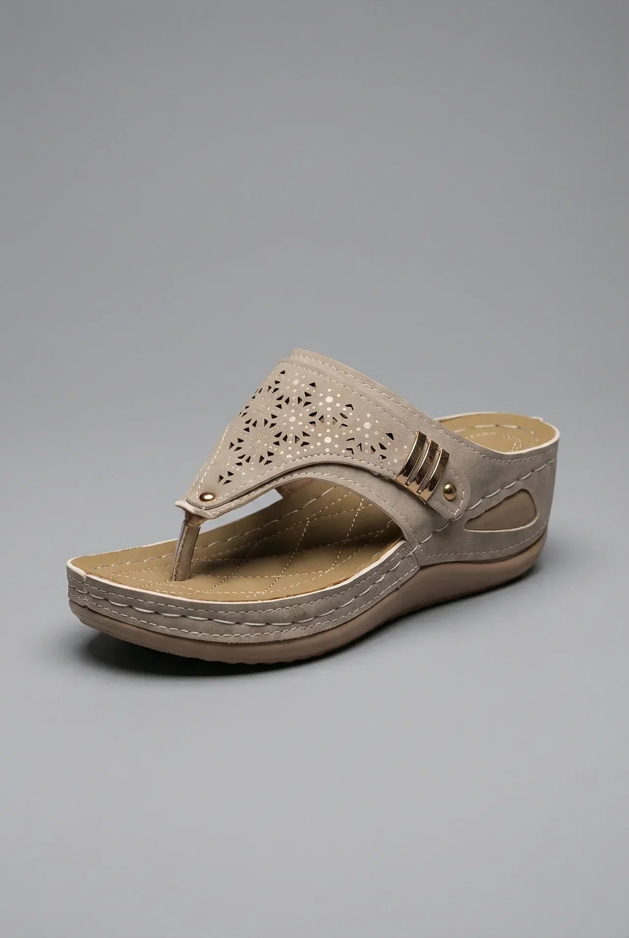 Women's Wide Fit Wedge Sandals with Toe Post Strap - Beige