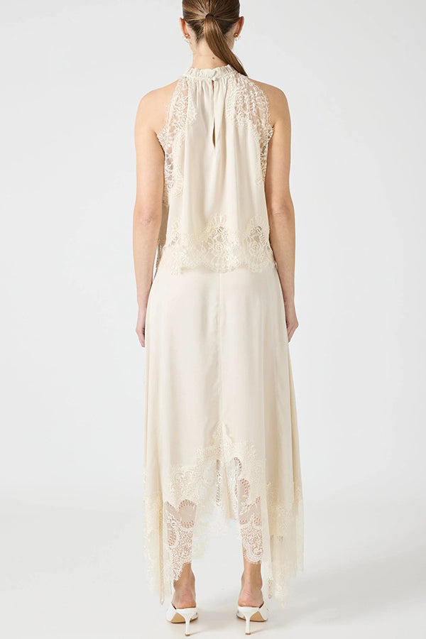 Women's Satin Lace-Trim Top and A-Line Slit Skirt Set - 13