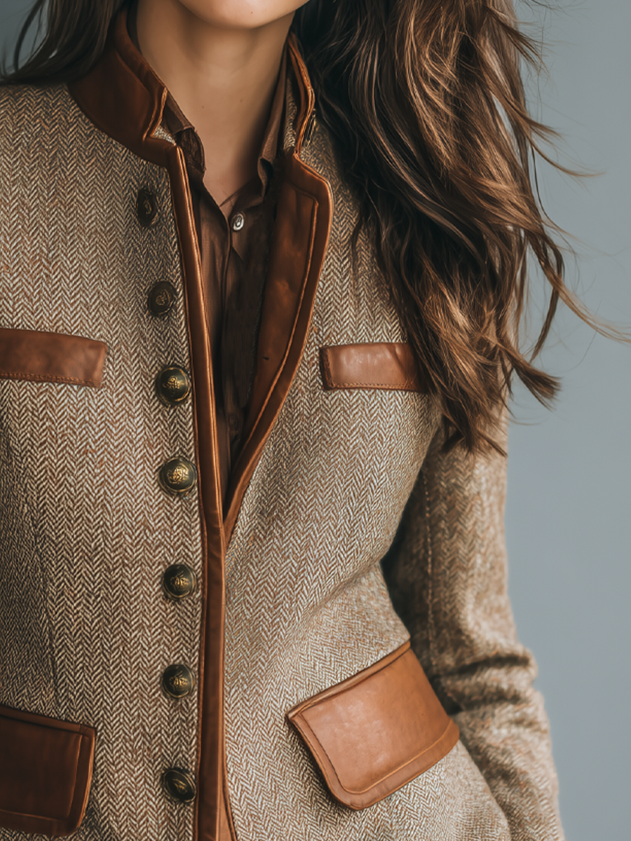 Women's Vintage-Style Jacket with Faux-Leather Trim Pockets and Boxy Silhouette - 4