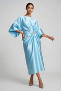 Women's Batwing Midi Dress with Jewel Neckline and Draped Waist - Turquoise