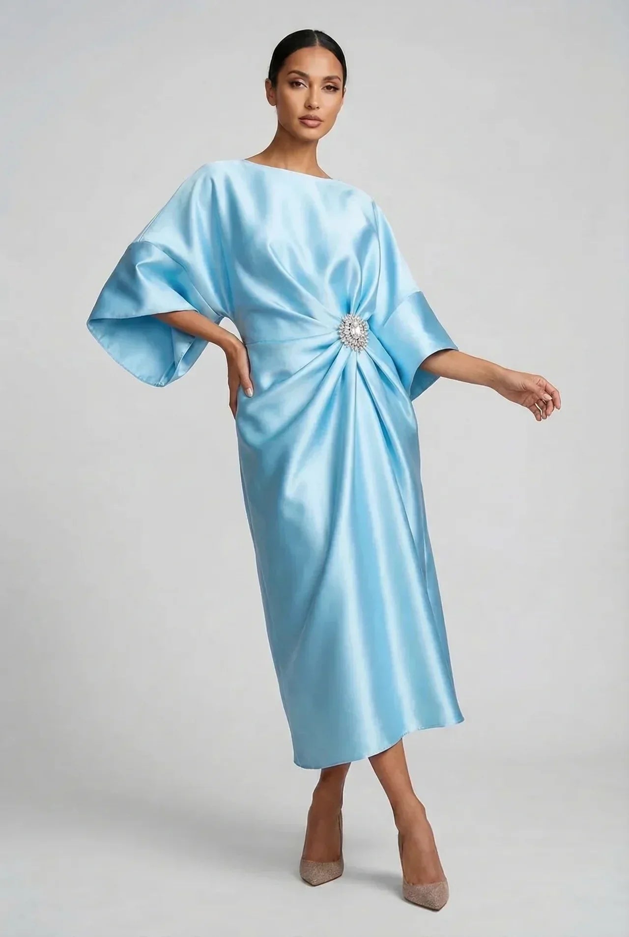 Women's Batwing Midi Dress with Jewel Neckline and Draped Waist - Turquoise