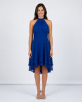 Women's Halter Dress Sleeveless with Ruffle Hem and Flared Skirt - Blue