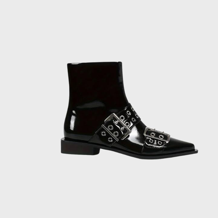 Women's Chunky Mid-Heel Zipper Biker Boots with Buckle Detail - 6