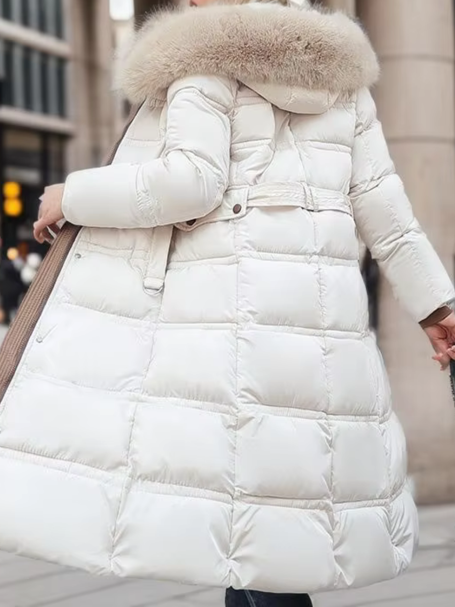 Women's Long Padded Coat with Faux Fur Trim Hood - 8