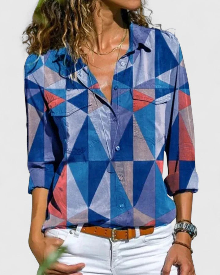 Women's Striped Blouse with Collar and Long Sleeves - Blue