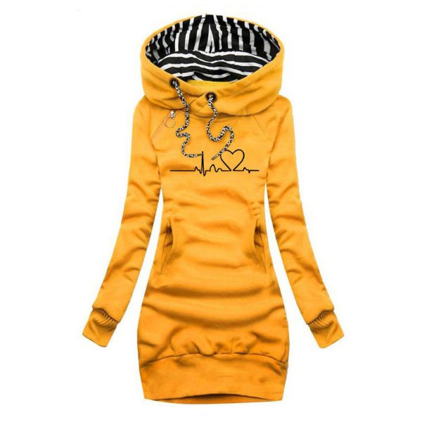 Women's Hoodie with Heartbeat Print and Striped Hood Lining - Yellow