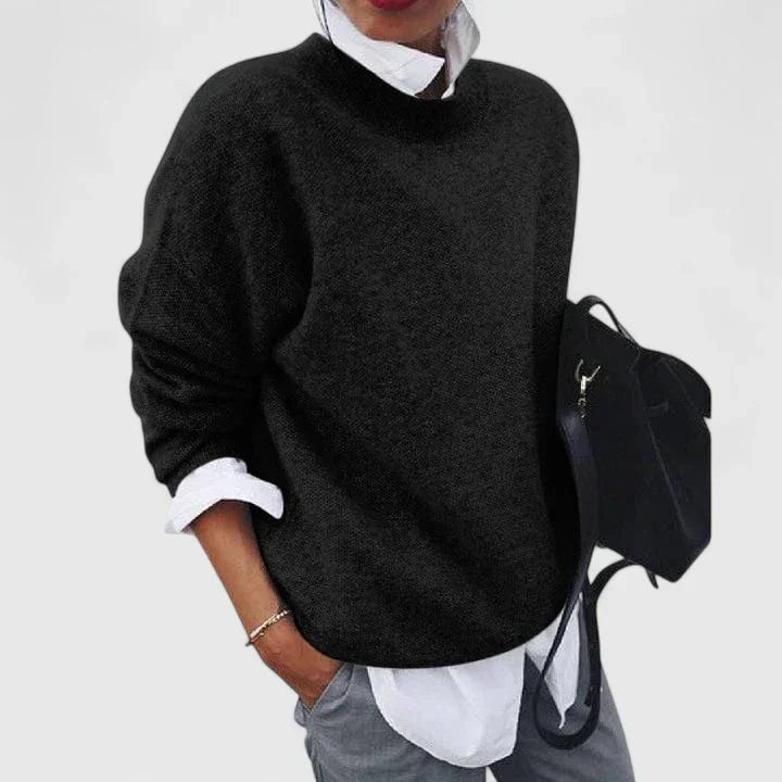Women's Jumper Long Sleeve with Relaxed Fit and Mock Neck - Black