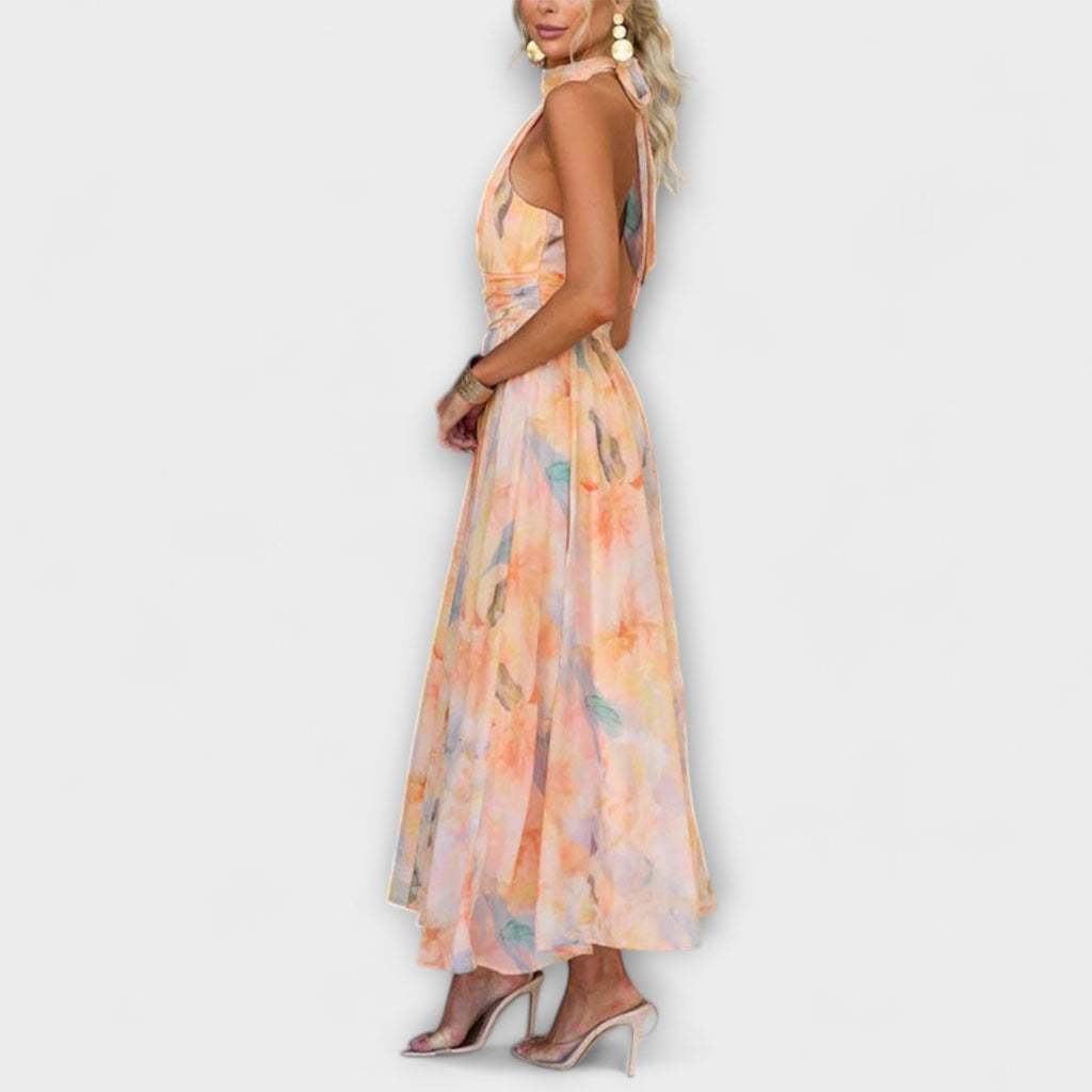 Women's Halter Neck Maxi Dress with Tie Waist and Back Cut-Out - 4