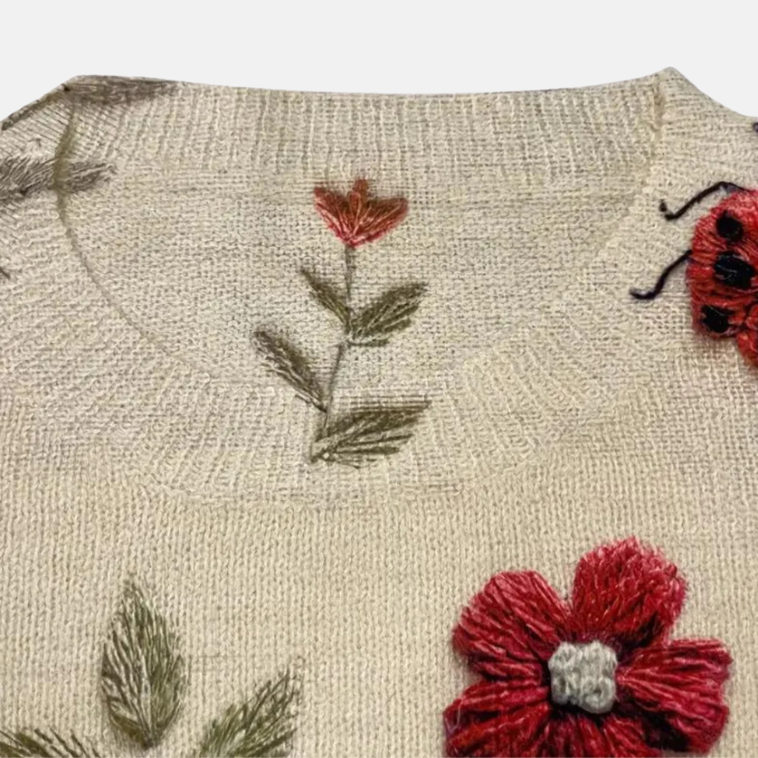 Women's Embroidered Floral Knit Jumper Loose Fit Crew Neck - 5