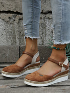 Women's Espadrille Wedge Sandals with Closed Toe and Ankle Strap - Brown