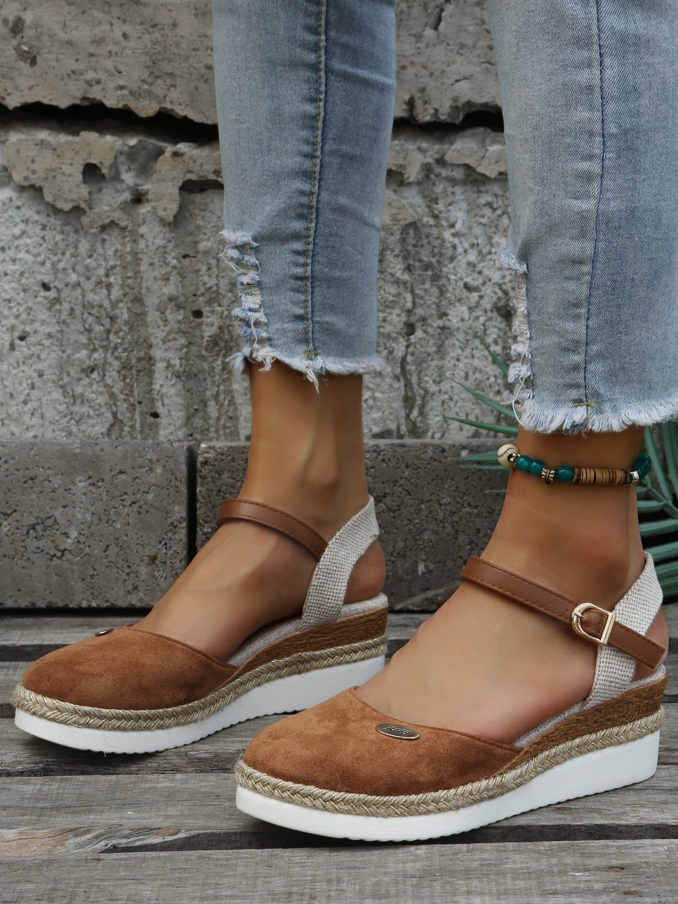Women's Espadrille Wedge Sandals with Closed Toe and Ankle Strap - Brown