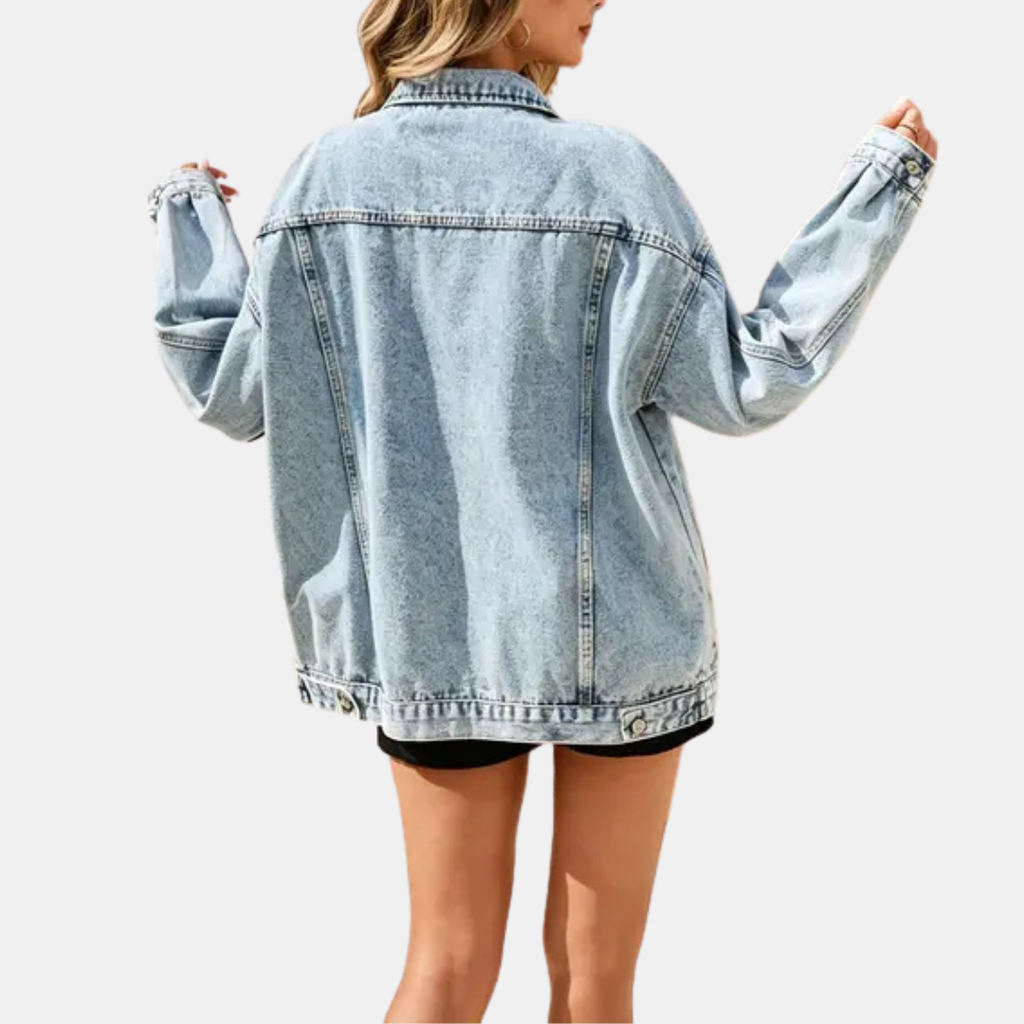 Women's Distressed Oversized Snap Button Denim Jacket - 8