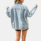 Women's Distressed Oversized Snap Button Denim Jacket - 8