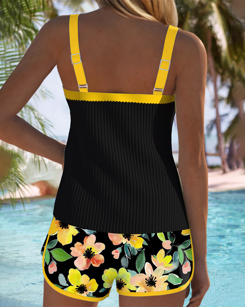 Tummy-Control Tankini Swimsuit Set with Floral Shorts - 9