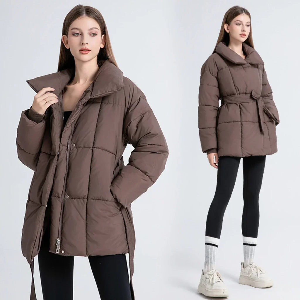 Women's Padded Coat with Belted Waist and Wide Collar - 7