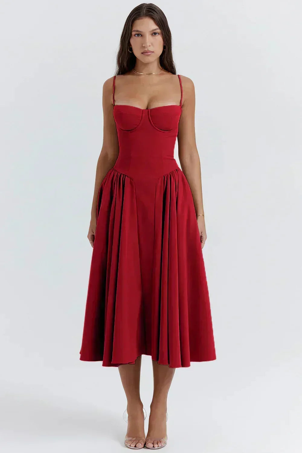 Women's Strapless Corset Dress with Fitted Bodice - Red