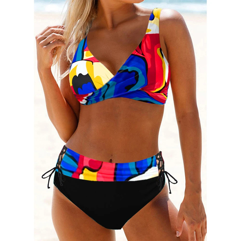 Wrap Bikini Set with Lace-Up Sides - Red