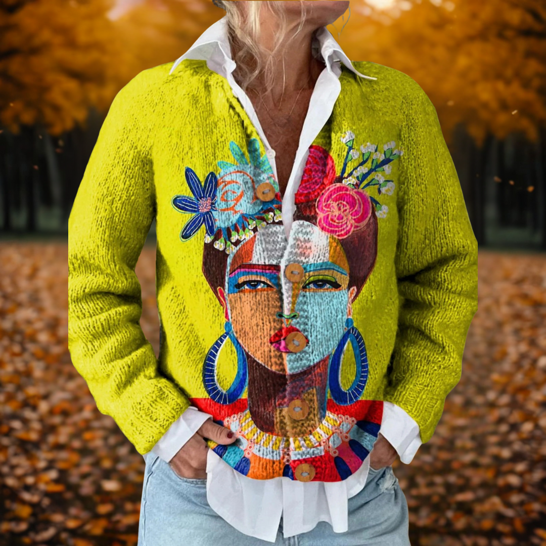 Women's Cardigan with Art Print and Open Front - Multicolour