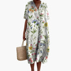 Women's Floral Midi Dress with V-Neck and Short Sleeves - White