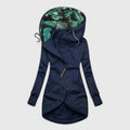Women's Hooded Jacket with Zip Front and Printed Lining - Navy Blue