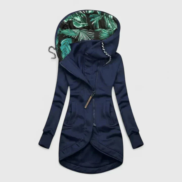 Women's Hooded Jacket with Zip Front and Printed Lining - Navy Blue
