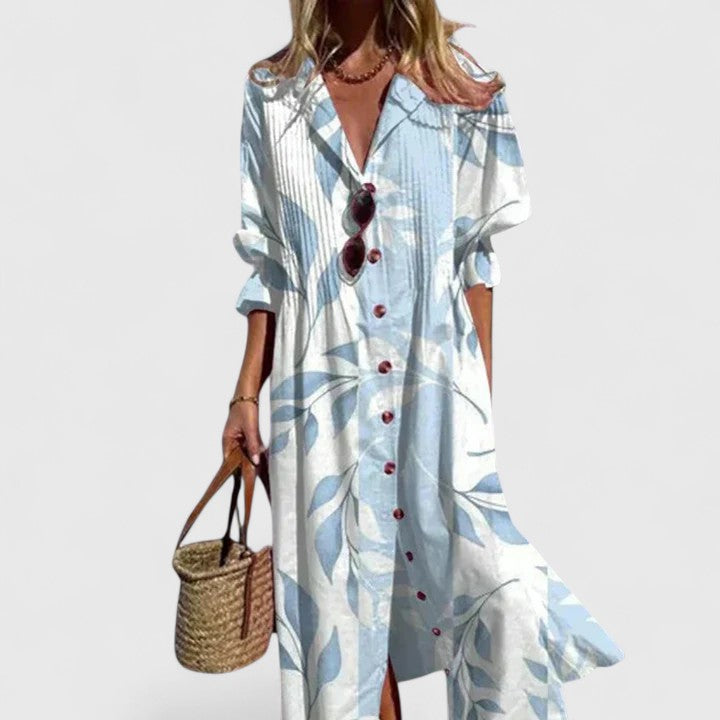 Women's Maxi Shirt Dress with Button Front and Leaf Print - Sky Blue