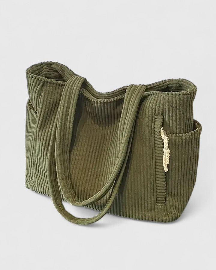 Women's Ribbed Tote Bag with Cord Detail - Green