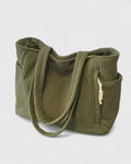 Women's Tote Bag with Ribbed Texture and Side Pockets - Green