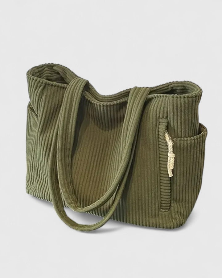 Women's Tote Bag with Ribbed Texture and Side Pockets - Green