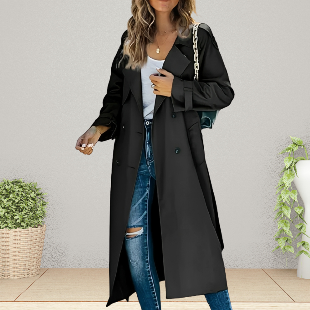 Women's Double-Breasted Trench Coat with Notched Collar - Black