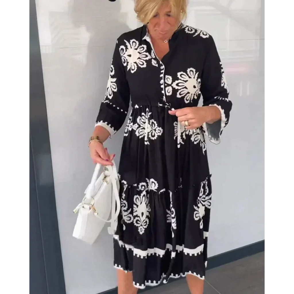 Women's Floral Print Dress with Three-Quarter Sleeves and Tiered Hem - 4