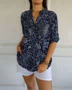 Women's Floral Print Blouse with Roll-Up Sleeves and V-Neck - Dark Blue