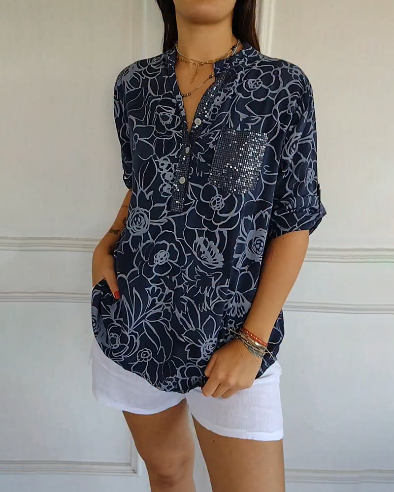 Women's Floral Print Blouse with Roll-Up Sleeves and V-Neck - Dark Blue