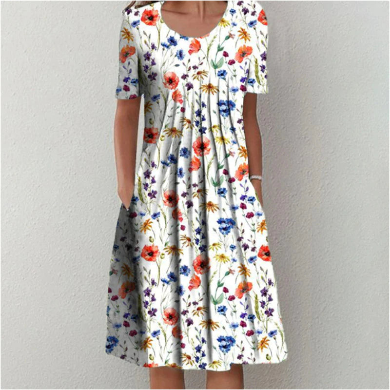 Women's Floral Print Short Sleeve Dress with Round Neck and Pockets