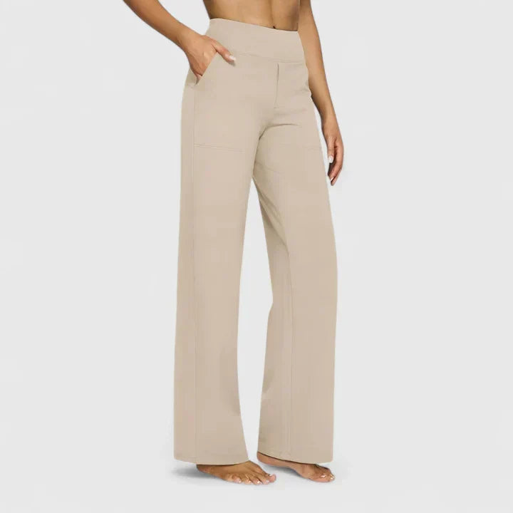 Women's Wide-Leg Trousers with High Waist and Side Pockets - Cream