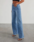 Women's Wide-Leg Jeans with Frayed Hem for Casual Style - Denim Blue