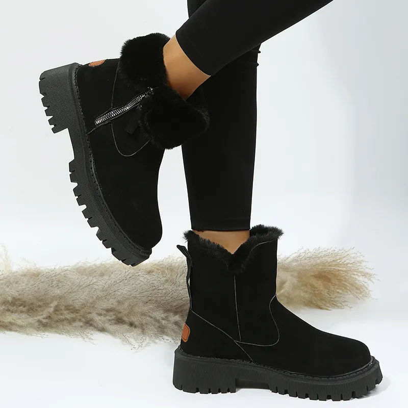 Women's Ankle Boots with Faux Fur Trim and Chunky Sole - 4