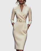 Women's Pencil Midi Dress with Wrap Neckline and Three-Quarter Sleeves - Apricot