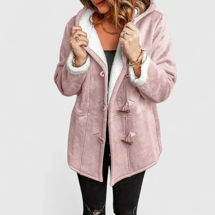 Women's Hooded Duffle Coat with Toggle Fastening - Pink
