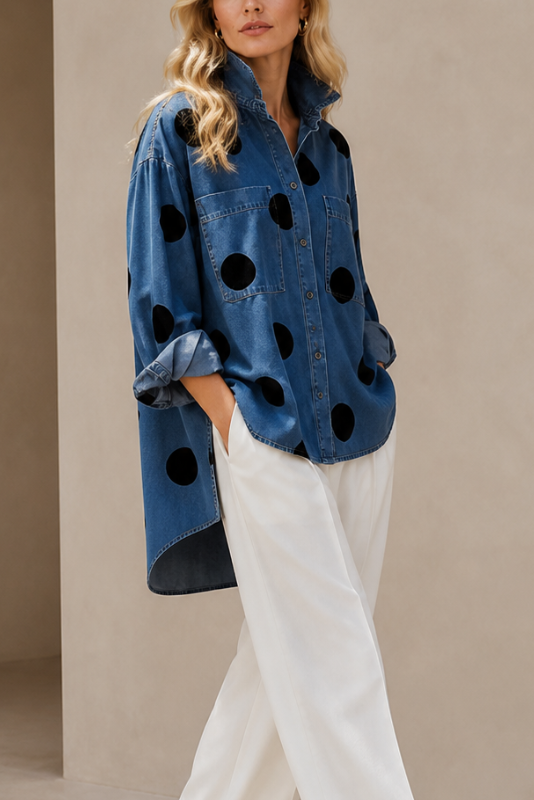 Women's Polka Dot Blouse Oversized with Dramatic Draped Back - 5