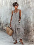 Women's Sleeveless Jumpsuit with Square Neck and Striped Pattern - Black
