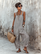 Women's Sleeveless Jumpsuit with Square Neck and Striped Pattern - Black