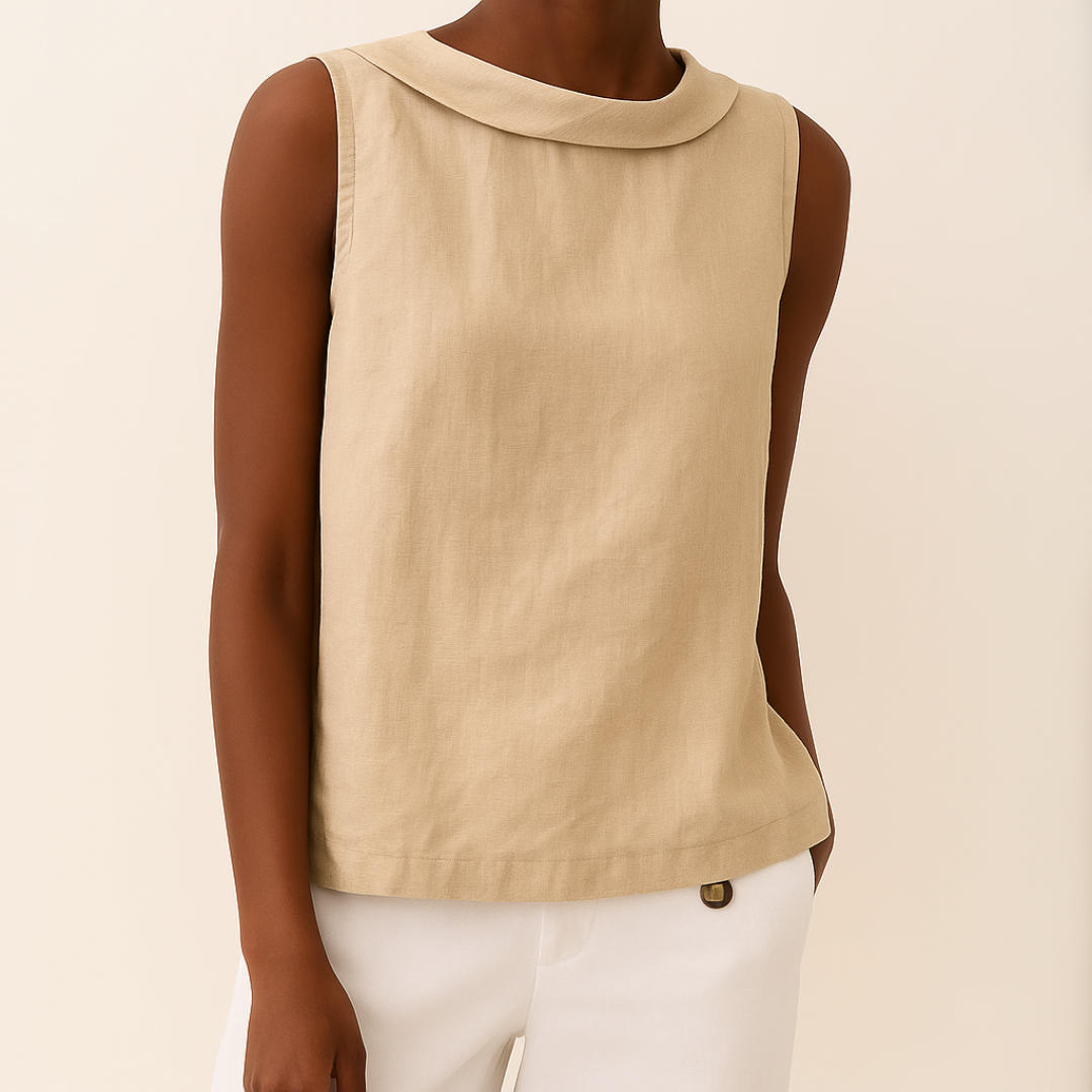 Women's Sleeveless Top with Roll Neckline and Relaxed Fit - Beige