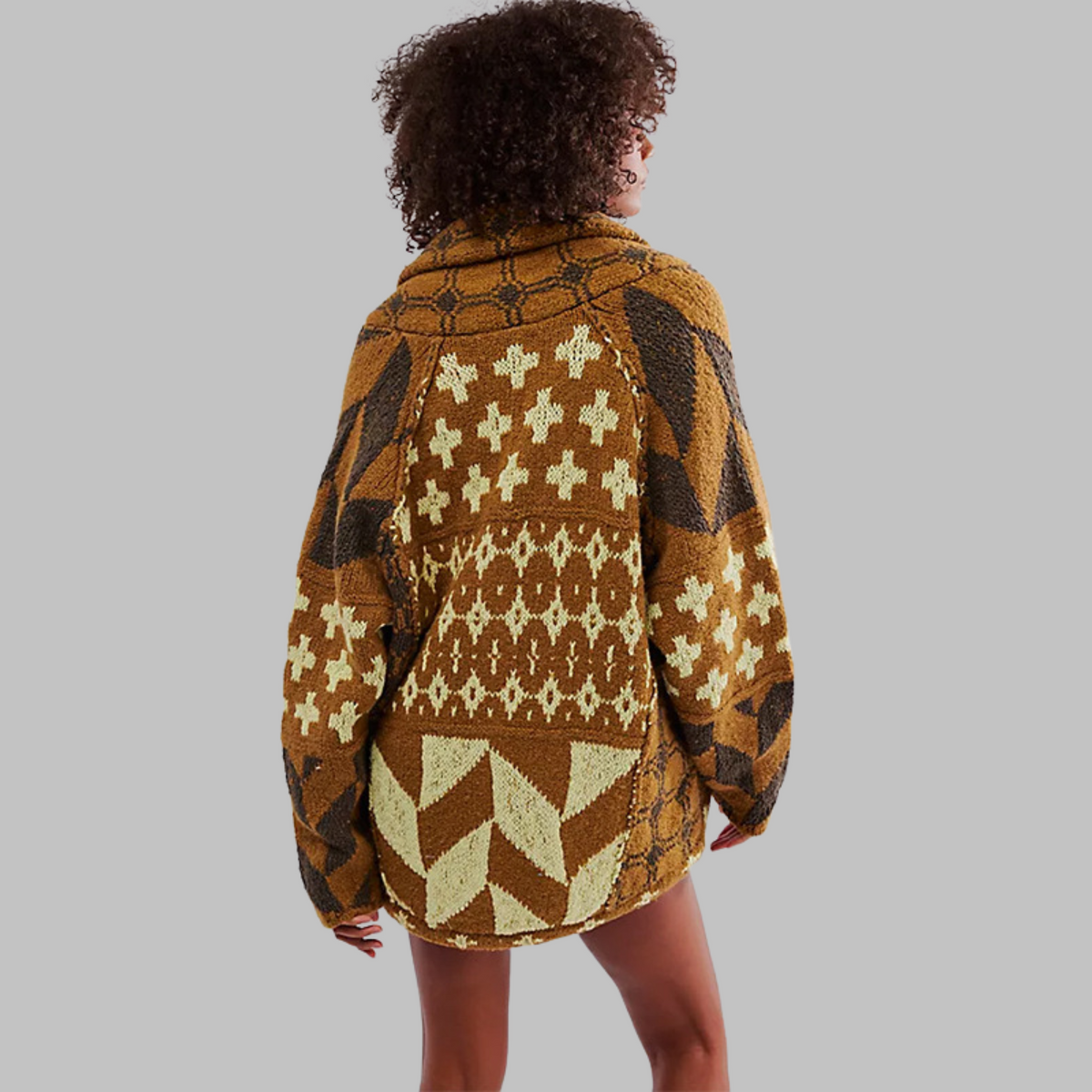 Women's Cardigan Oversized Button-Down with Patterned Knit - Brown