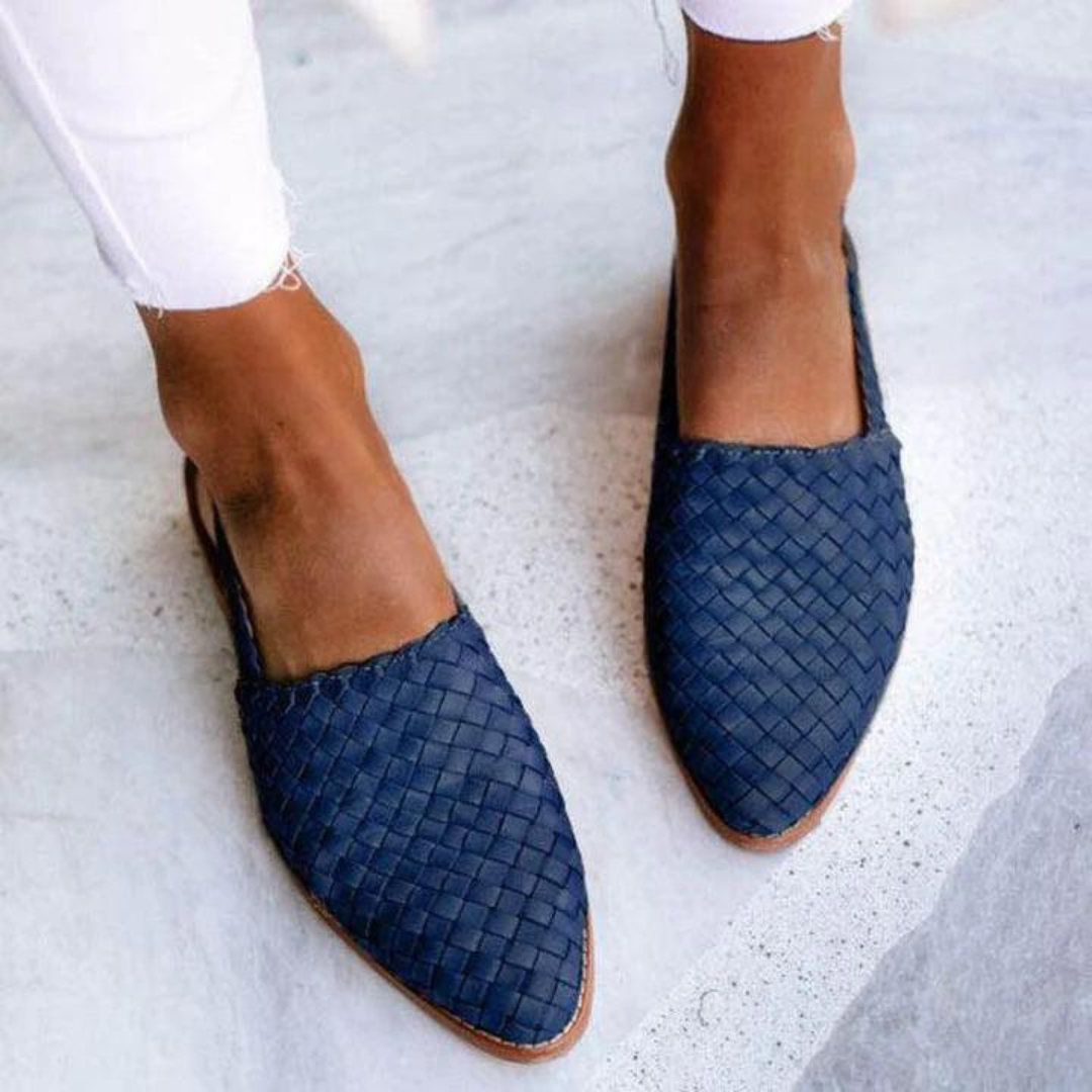 Women's Ballet Flats with Woven Faux Leather Upper and Open Side - Blue