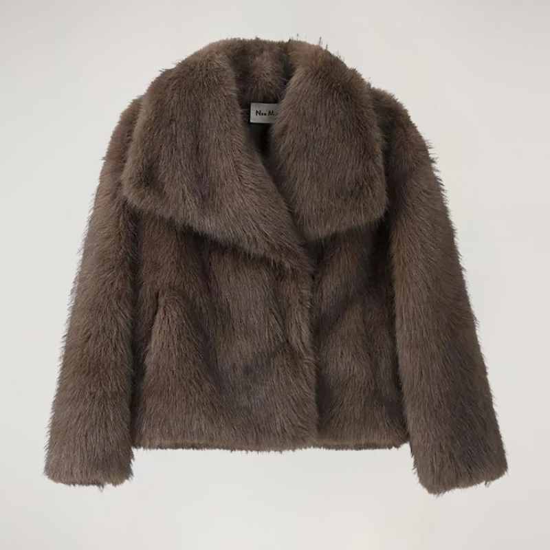 Women's Faux Fur Coat with Wide Collar - Brown