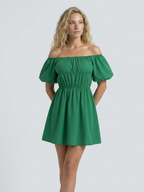 Women's Off-Shoulder Mini Dress with Puff Sleeves and A-Line Silhouette - 14